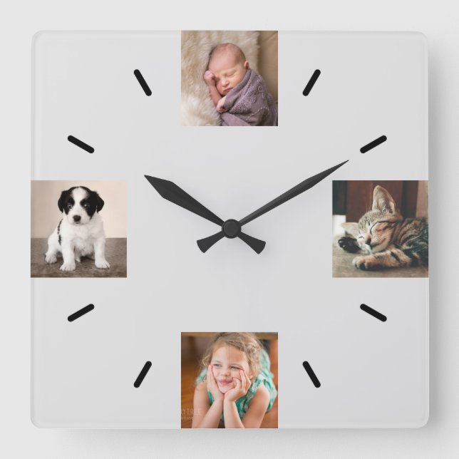 Reloj Cuadrado Crea tu propio 4 fotos gris moderno (Anverso)