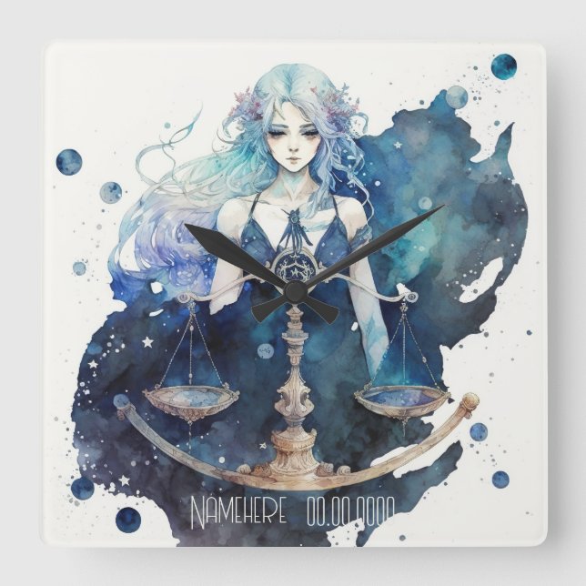 Reloj Cuadrado Crea tu propio azul y Verde azulado libra zodiac (Anverso)