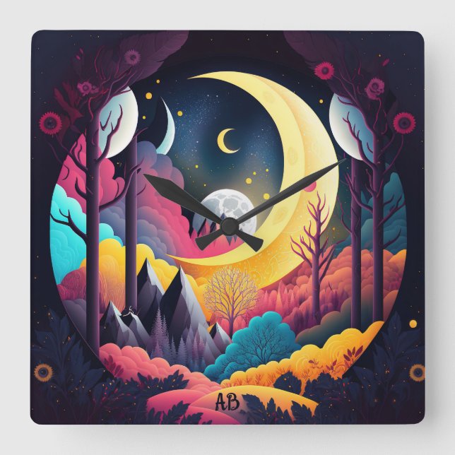 Reloj Cuadrado Crea tu propio bosque de luna creciente brillante (Anverso)