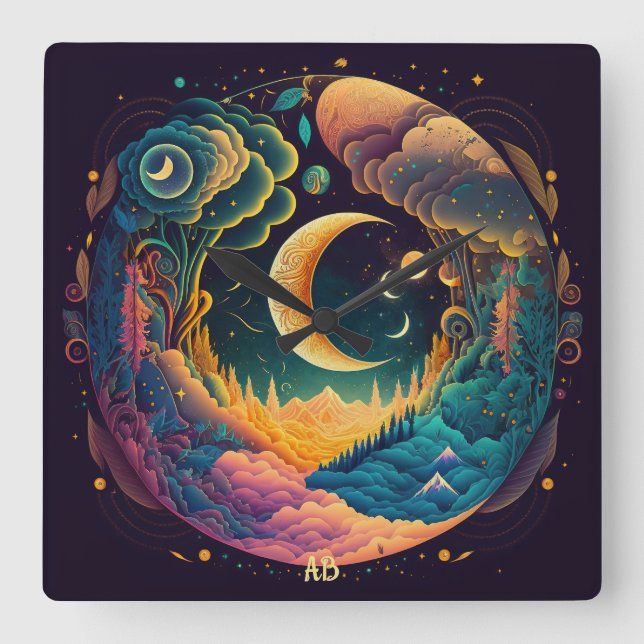 Reloj Cuadrado Crea tu propio bosque místico de las lunas de medi (Anverso)