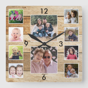 Reloj Cuadrado Crea tu propio collage de 10 fotos de madera natur
