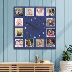Reloj Cuadrado Crea tu propio collage de 12 fotos familiares azul