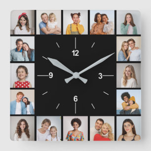 Reloj Cuadrado Crea tu propio collage de 16 fotos en blanco y neg