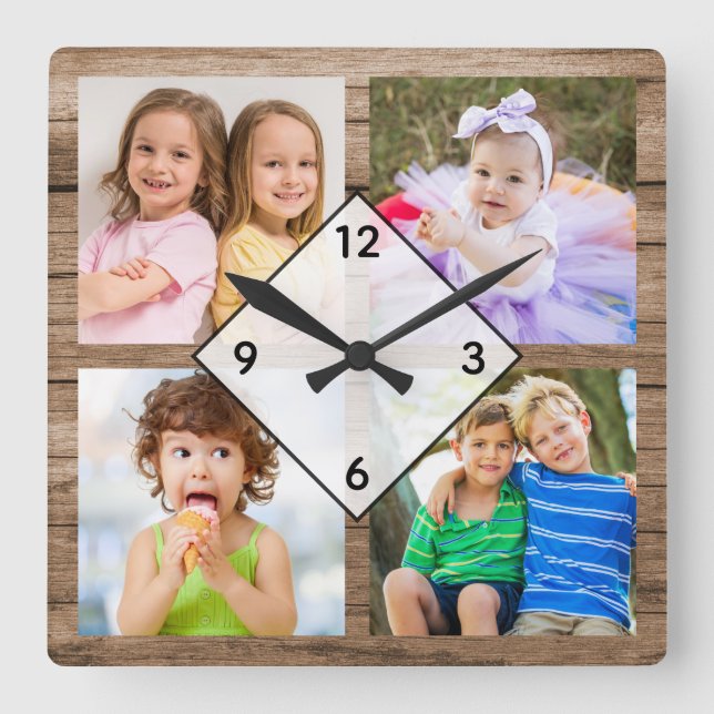 Reloj Cuadrado Crea tu propio collage de 4 fotos de madera rústic (Anverso)