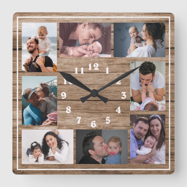 Reloj Cuadrado Crea tu propio collage de 8 fotos de madera rústic (Anverso)