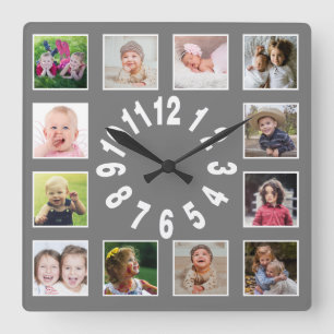Reloj Cuadrado Crea tu propio Collage de fotos de 12 familias gri