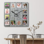 Reloj Cuadrado Crea tu propio Collage de fotos de madera gris rús<br><div class="desc">Crea tu propio reloj de pared de collage con 12 de tus fotos favoritas. El reloj del fotograma te ayuda a valorar tus momentos especiales y también hace un regalo reflexivo para padres, abuelos y amigos. El reloj familiar personalizado lo convierte en un regalo perfecto para todas las ocasiones. Personaliza...</div>