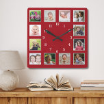 Reloj Cuadrado Crea tu propio Collage de fotos rojo de 12 niños d<br><div class="desc">Crea tu propio reloj de pared de collage con 12 de tus fotos favoritas. El reloj del fotograma te ayuda a valorar tus momentos especiales y también hace un regalo reflexivo para padres,  abuelos y amigos. El reloj familiar personalizado lo convierte en un regalo perfecto para todas las ocasiones.</div>