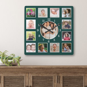 Reloj Cuadrado Crea tu propio collage de fotos verde bosque profu