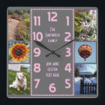 Reloj Cuadrado Crea tu propio deco 6 Collages de fotos gris rosa<br><div class="desc">Haga su propio reloj de collage de fotos personalizado con esta plantilla fácil. Este reloj cuadrado tiene números rosas alineados en el medio en un rectángulo largo de estilo deco y un fondo gris que puedes "personalizar" a cualquier imagen o color que quieras. A lo largo de los bordes, hay...</div>