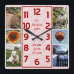 Reloj Cuadrado Crea tu propio Deco 6 Collages de fotos Rosa Marca<br><div class="desc">Haga su propio reloj de collage de fotos personalizado con esta plantilla fácil. Este reloj cuadrado tiene números rojos alineados en el medio en un rectángulo largo de estilo deco y un fondo rosa, ligeramente marcado. A lo largo de los bordes, hay espacio para que agregues seis de tus fotos...</div>