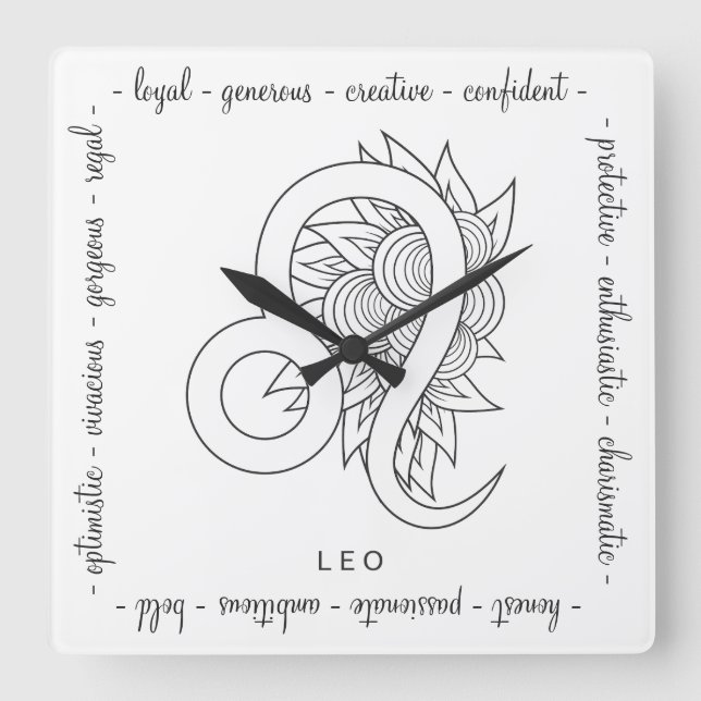 Reloj Cuadrado Crea tu propio elegante Leo Zodiac blanco y negro (Anverso)