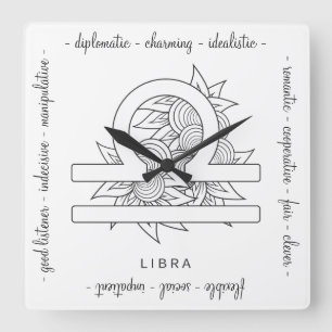 Reloj Cuadrado Crea tu propio elegante Zodiac Libra Blanco y Negr