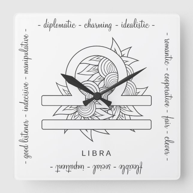 Reloj Cuadrado Crea tu propio elegante Zodiac Libra Blanco y Negr (Anverso)