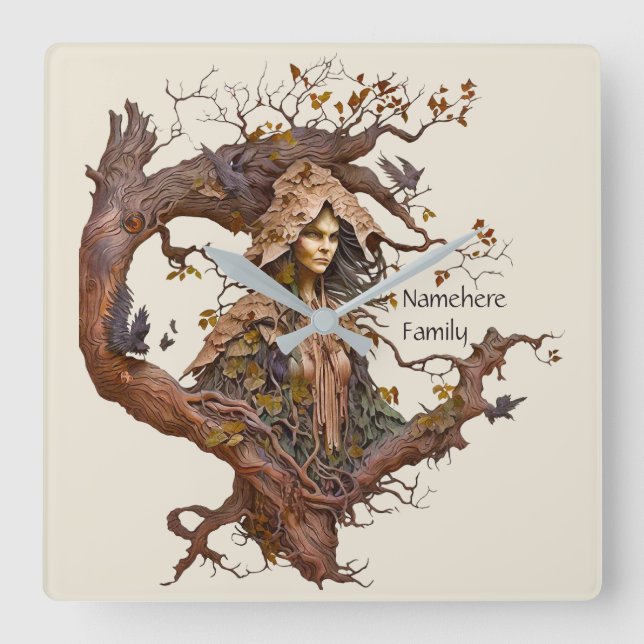 Reloj Cuadrado Crea tu propio Faux Bois 3D tallado Mystical Dryad (Anverso)