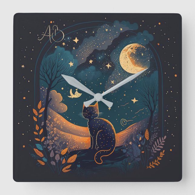 Reloj Cuadrado Crea tu propio gato místico y escénico negro (Anverso)