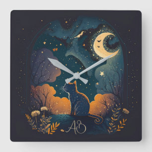 Reloj Cuadrado Crea tu propio gato negro místico bajo la luna