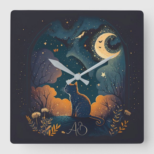 Reloj Cuadrado Crea tu propio gato negro místico bajo la luna (Anverso)