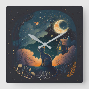 Reloj Cuadrado Crea tu propio gato negro místico de medianoche