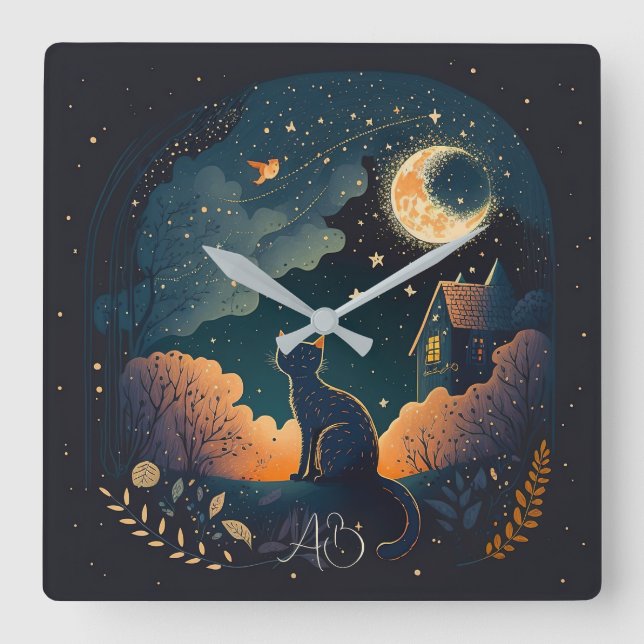 Reloj Cuadrado Crea tu propio gato negro místico de medianoche (Anverso)