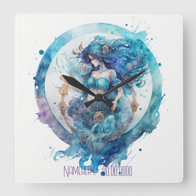 Reloj Cuadrado Crea tu propio morado y azul acuario zodiaco (Anverso)