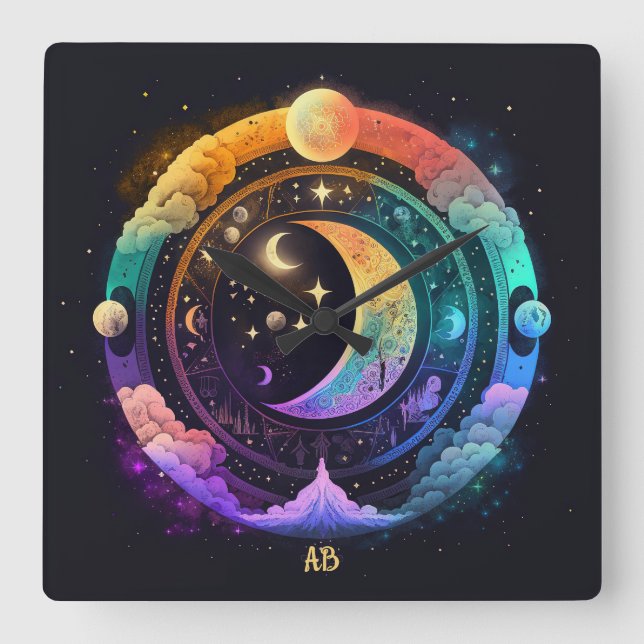 Reloj Cuadrado Crea tus propias lunas mágicas de arcoiris (Anverso)