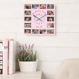 Reloj Cuadrado Crear Colage de Fotos Personalizado Rosa Pareja Fa