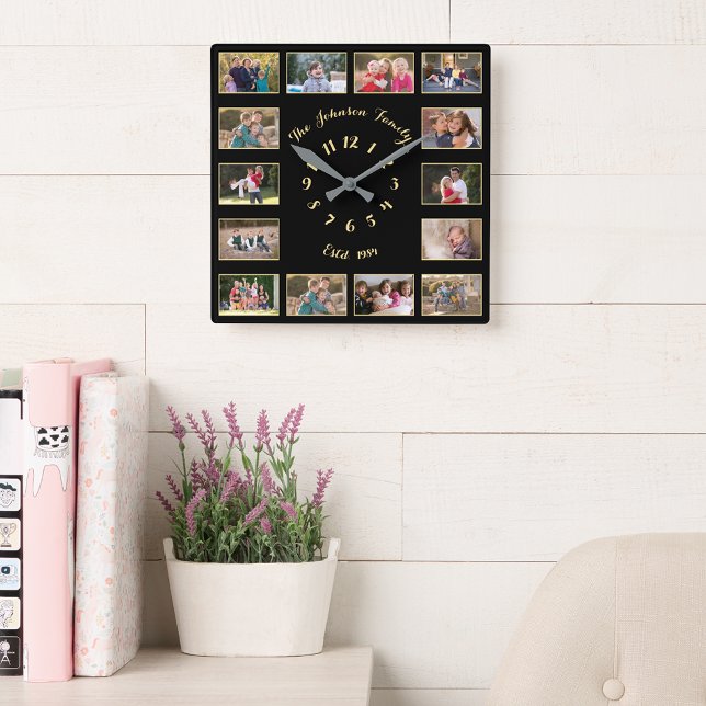 Reloj Cuadrado Crear Collage de fotos familiar personalizado Pers (Create Custom Personalized Family Photo Collage Square Wall Clock)