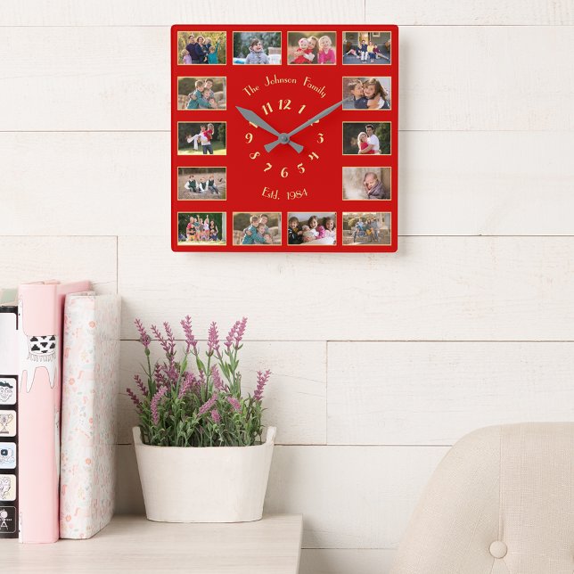 Reloj Cuadrado Crear Personalizado 14 Collage de fotos familiar R (Create Custom 14 Family Photo Collage Red Gold Squ Square Wall Clock)