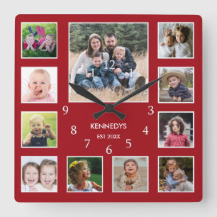Reloj Cuadrado Crear rojo Collage de fotos de nombre de familia