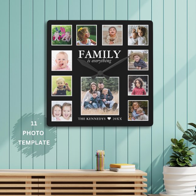 Reloj Cuadrado Crear su propio Collage de fotos de comillas de no (Create Your Own Family Name Quote 11 Photo Collage Square Wall Clock
)