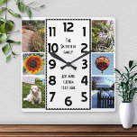 Reloj Cuadrado Crear su propio Collage de fotos Deco 6<br><div class="desc">Haga su propio reloj de collage de fotos personalizado con esta plantilla fácil. Este reloj cuadrado tiene números negros alineados en el medio en un rectángulo largo de estilo deco y un fondo blanco claro que puedes "personalizar" a cualquier imagen o color que quieras. A lo largo de los bordes,...</div>