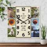 Reloj Cuadrado Crear su propio Collage de fotos Deco 6 marcado<br><div class="desc">Haga su propio reloj de collage de fotos personalizado con esta plantilla fácil. Este reloj cuadrado tiene números negros alineados en el centro en un largo rectángulo de estilo deco y un fondo marrón beige claro ligeramente marcado. A lo largo de los bordes, hay espacio para que agregues seis de...</div>