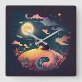 Reloj Cuadrado Crear su propio paisaje místico de gato negro