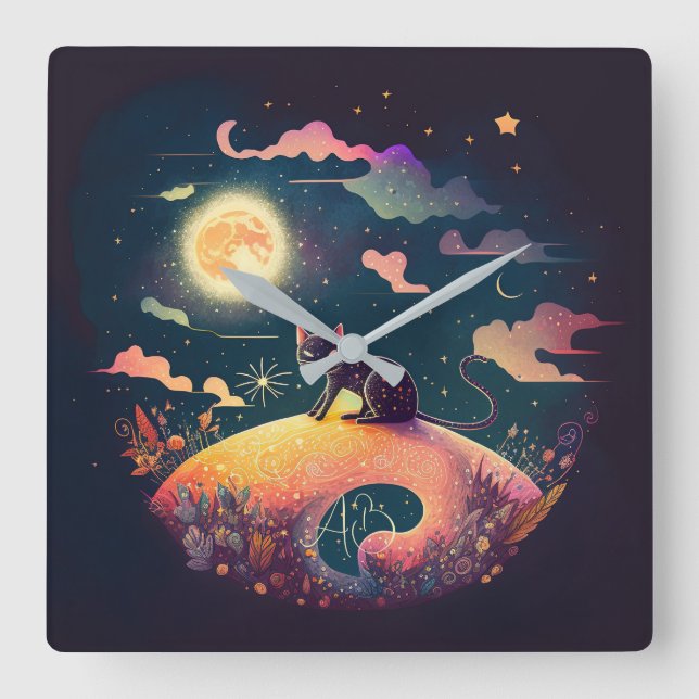 Reloj Cuadrado Crear su propio paisaje místico de gato negro (Anverso)