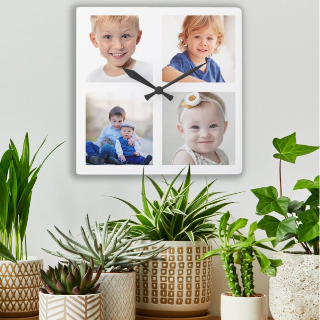 Reloj Cuadrado Crear sus propios 4 hijos de Collage de fotos fami (Custom 4-photo wall clock)