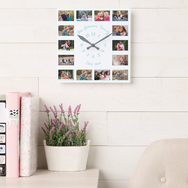 Reloj Cuadrado Crear un Collage de fotos de bebé familiar Verde a (Create Custom White Teal Family Baby Photo Collage Square Wall Clock)