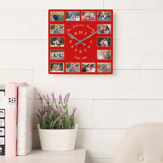 Reloj Cuadrado Crear un collage de fotos personalizado de Navidad (Create Custom Christmas Red Gold 14 Photo Collage Square Wall Clock)