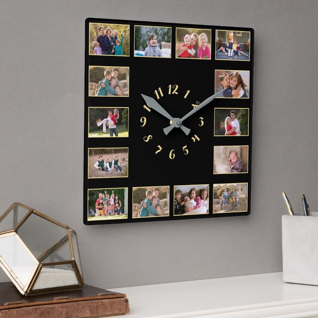 Reloj Cuadrado Crear un recuerdo familiar de oro y negro con 14 f (Create 14 Photo Collage Gold Black Family Keepsake Square Wall Clock)