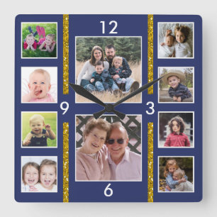 Reloj Cuadrado Create Your Own 10 Family Photo Collage Blue