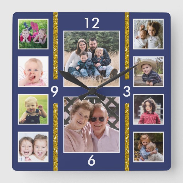 Reloj Cuadrado Create Your Own 10 Family Photo Collage Blue (Anverso)