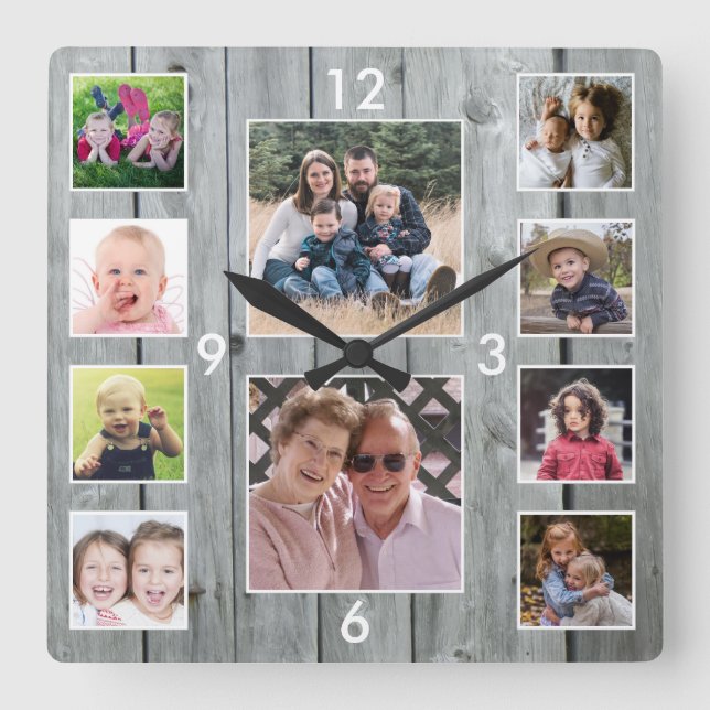 Reloj Cuadrado Create Your Own 10 Photo Collage Gray Wood (Anverso)