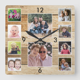Reloj Cuadrado Create Your Own 10 Photo Collage Natural Wood