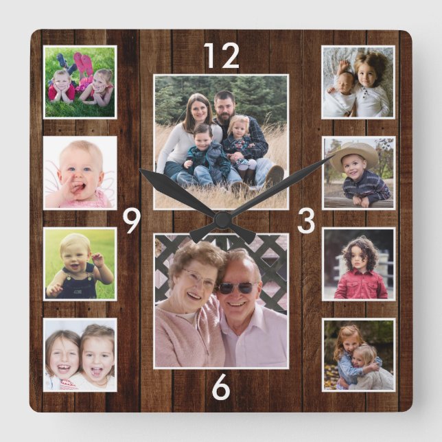 Reloj Cuadrado Create Your Own 10 Photo Collage Pallet Wood (Anverso)