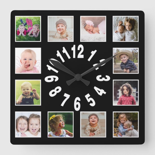 Reloj Cuadrado Create Your Own 12 Family Photo Collage Black (Anverso)