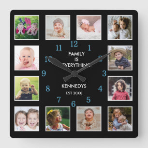 Reloj Cuadrado Create Your Own 12 Photo Collage Teal And Black  