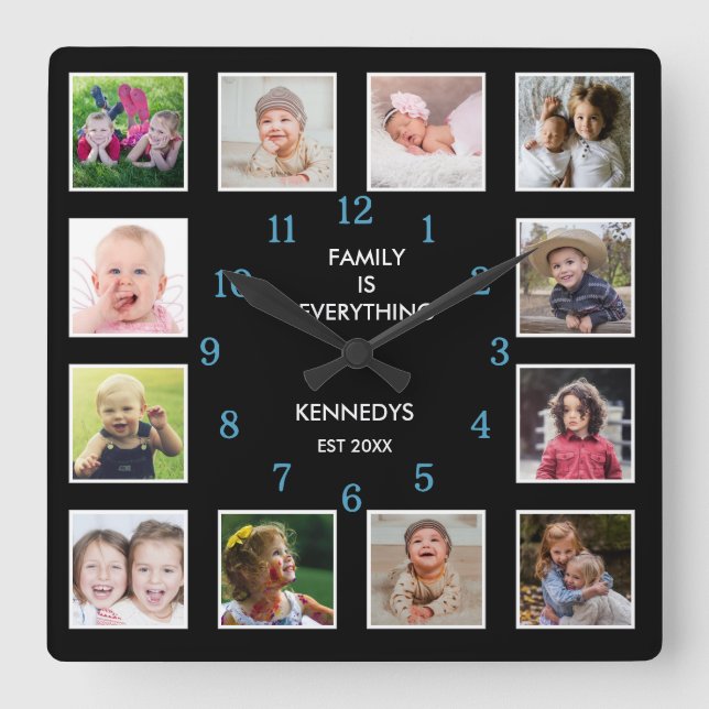 Reloj Cuadrado Create Your Own 12 Photo Collage Teal And Black   (Anverso)