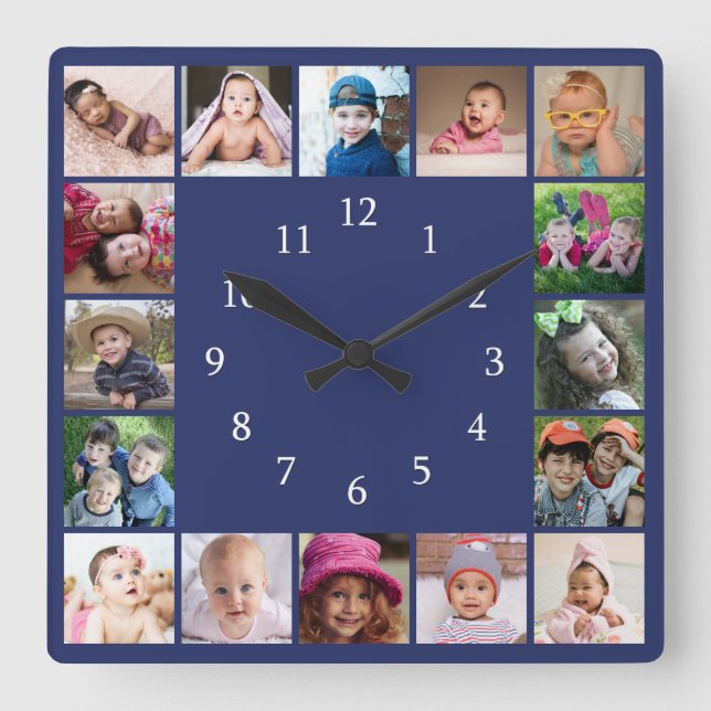 Reloj Cuadrado Create Your Own 16 Family Photo Collage Blue (Anverso)