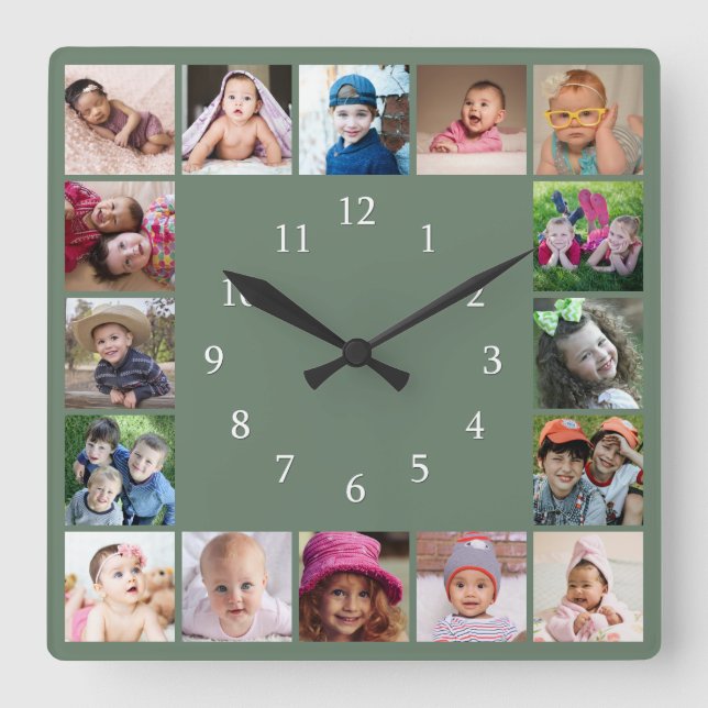 Reloj Cuadrado Create Your Own 16 Family Photo Collage  Green  (Anverso)