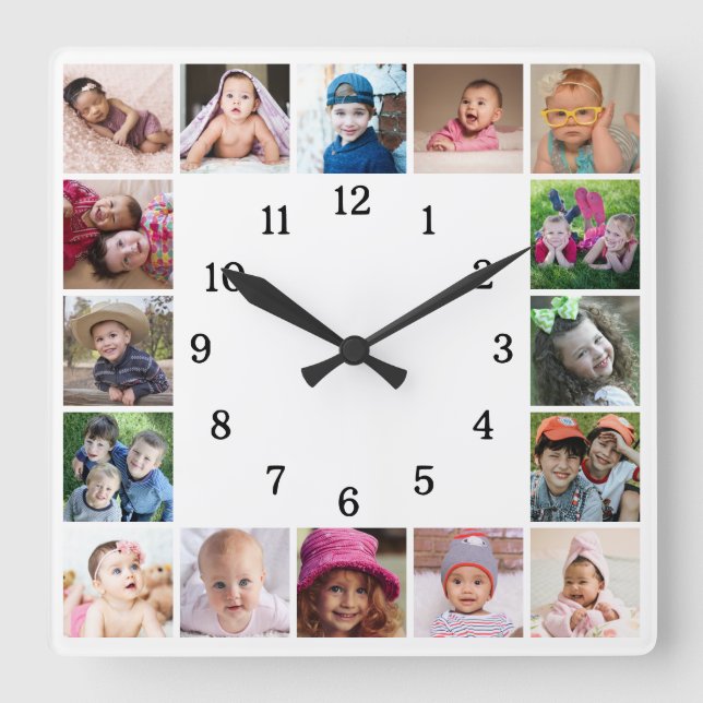 Reloj Cuadrado Create Your Own 16 Family Photo Collage White (Anverso)